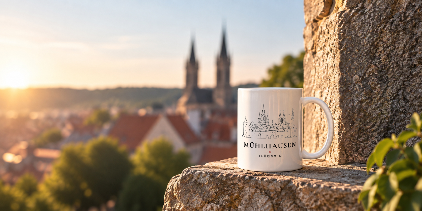 Weiße ORTSWERK-Skyline-Tasse mit den Zeilen MÜHLHAUSEN und THÜRINGEN auf einem Sandsteingesims, im Hintergrund die unscharfe Stadt mit roten Dächern und zwei Kirchtürmen im warmen Abendlicht