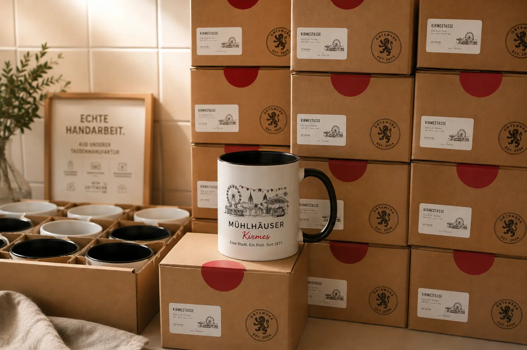 In der Hofmanufaktur: Kirmestasse auf gestapelten Naturkarton-Boxen mit Ortswerk-Siegel