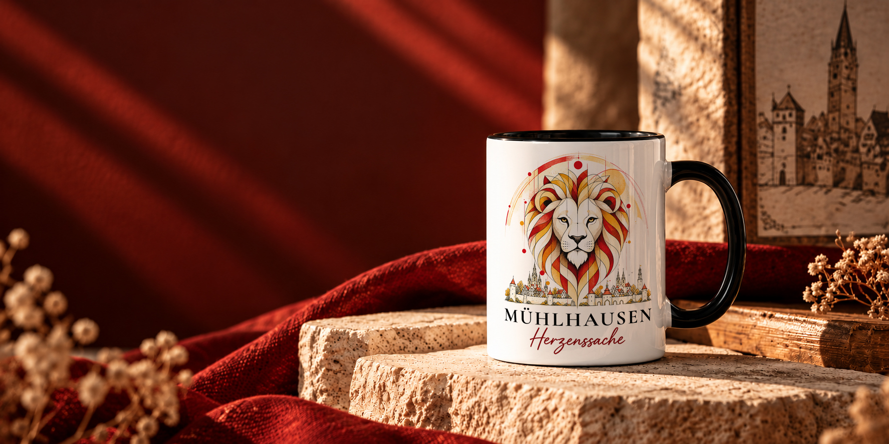 Limitierte ORTSWERK-Tasse „Mühlhausen Herzenssache“ mit schwarzem Henkel und Löwen-Motiv in den Stadtfarben, auf Sandsteinblöcken vor dunkelrotem Hintergrund, roter Stoff und trockene Blumen im Vordergrund