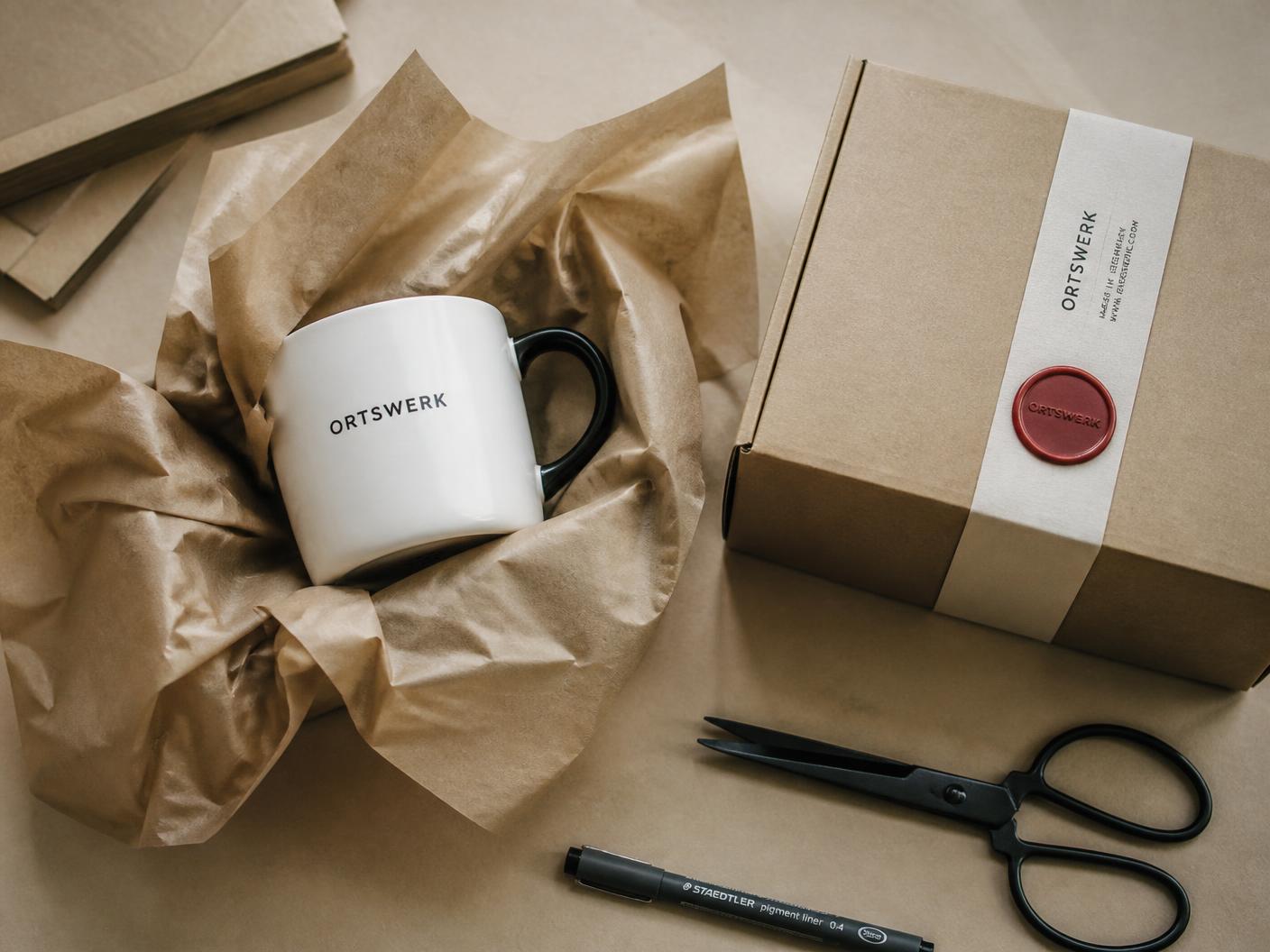 Ortswerk Becher wird am Tisch in Kraftpapier eingeschlagen, daneben die braune Geschenkbox mit Banderole und Ortswerk-Stempel