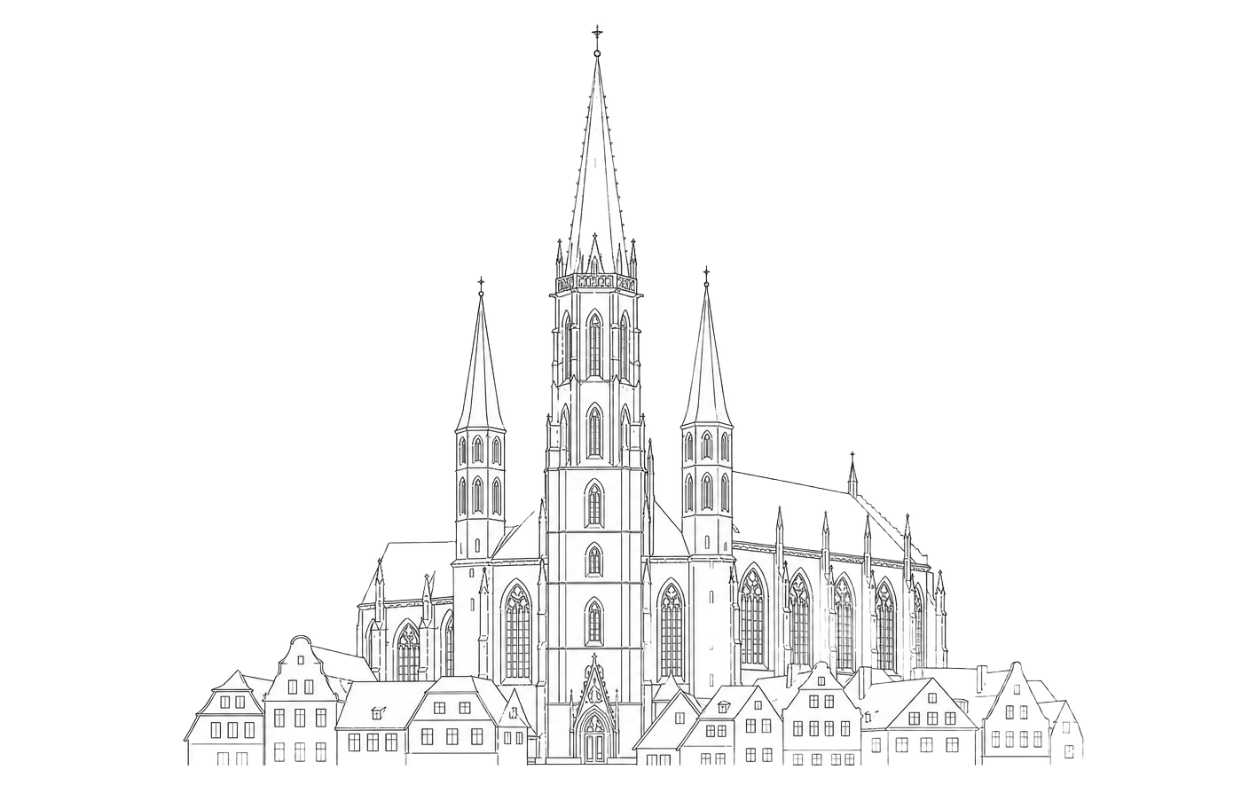 Feine Linienzeichnung der Marienkirche in Mühlhausen mit umliegenden Altstadtgiebeln