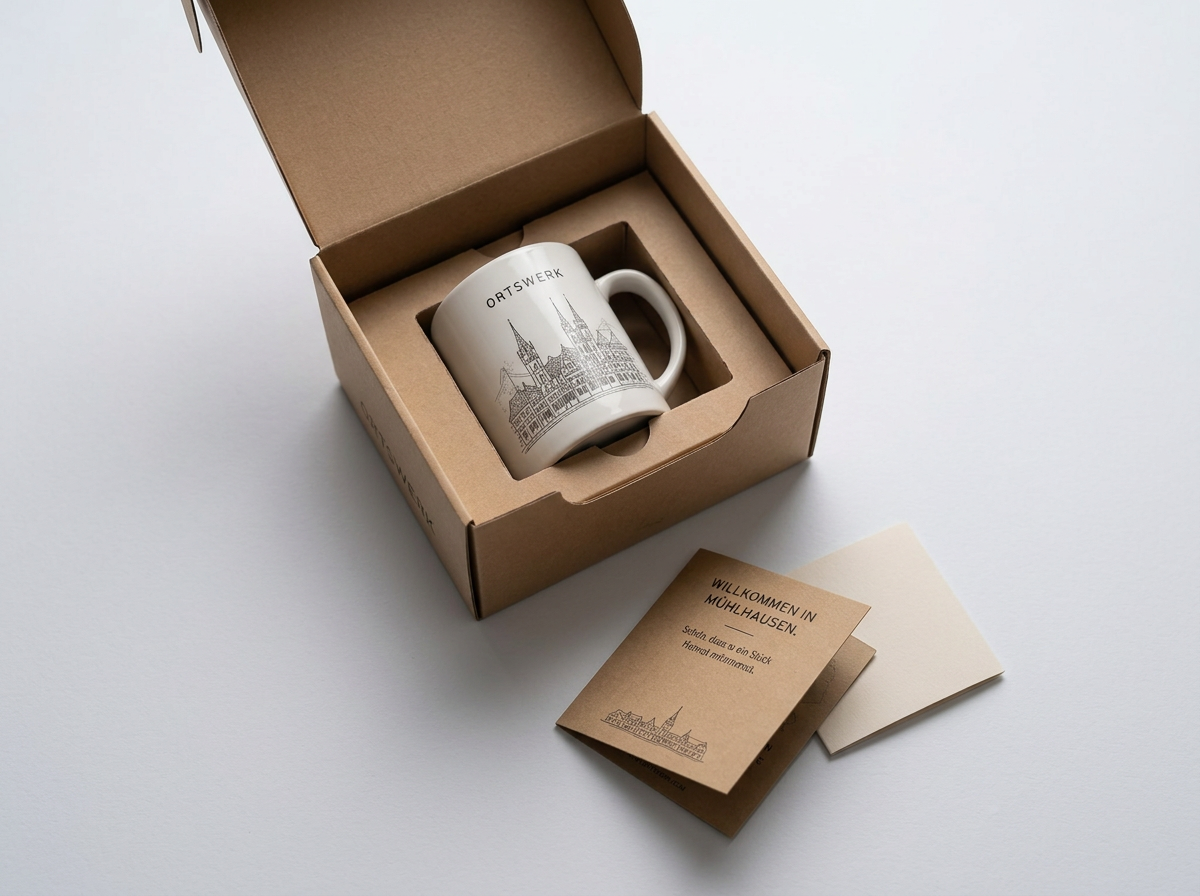 Ortswerk-Tasse in einer Verpackung aus Kraftkarton mit Naturpapier-Banderole und Karteninlay