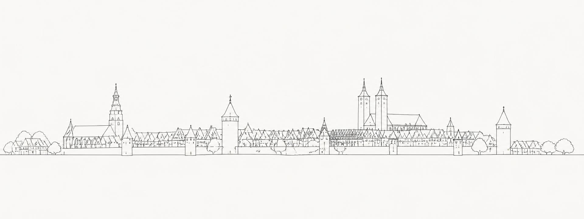 Panoramische Linienzeichnung der Silhouette von Mühlhausen